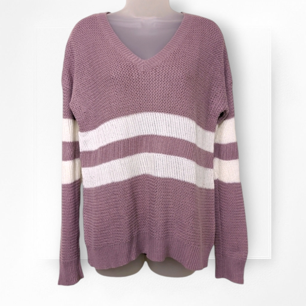 Pink Rose Sweater Varsity Stripe Mauve White V Neck Long Sleeve Medium